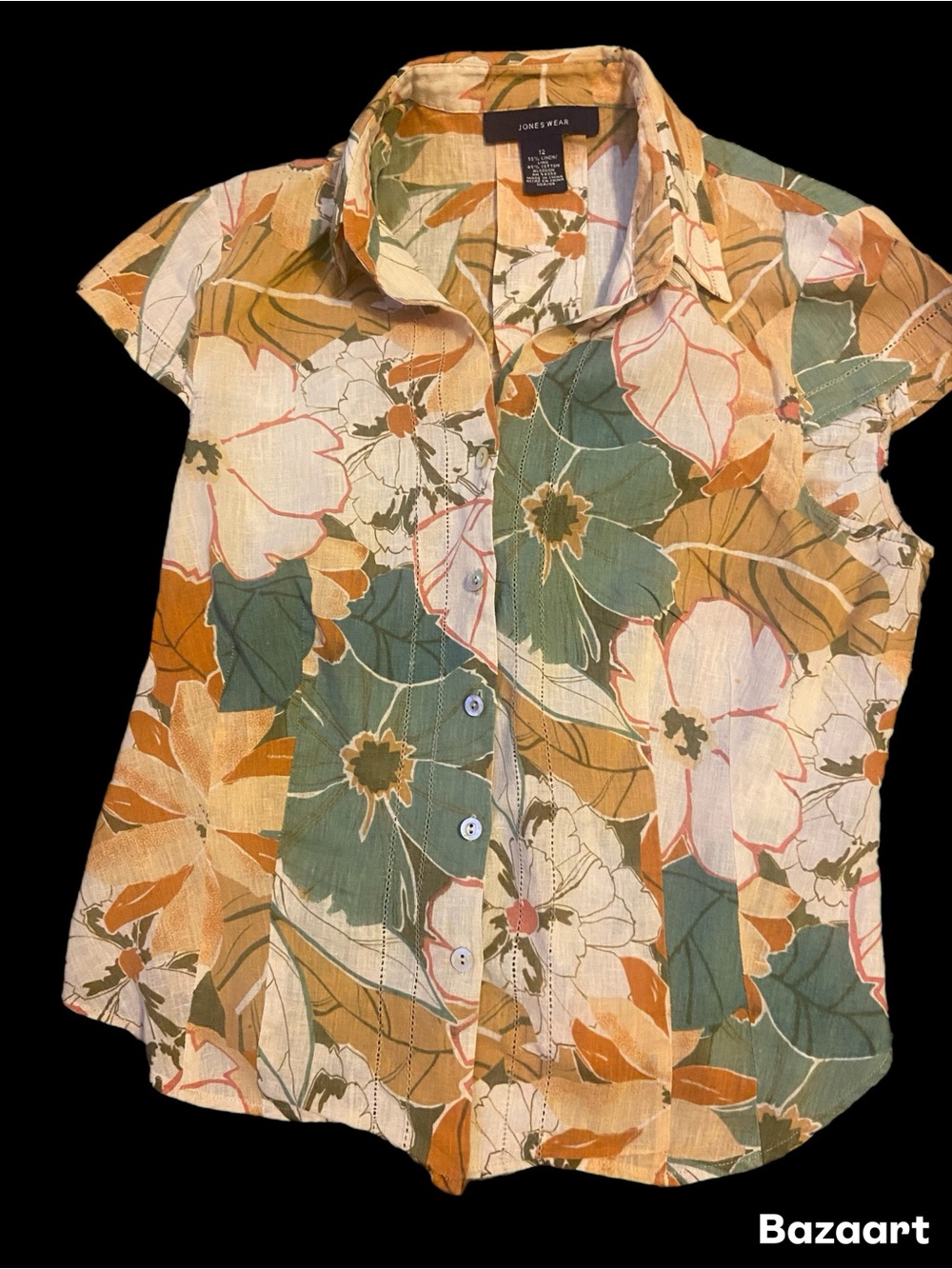 Jones Wear Multicolor Floral Button-Down Blouse - Green/Orange/Cream